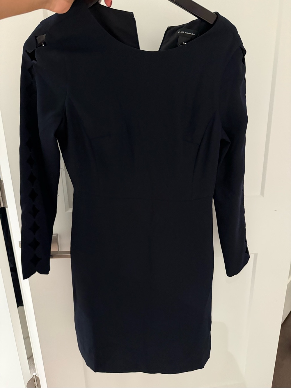 Club Monaco Black Long-Sleeve Sheath Dress with Lattice Sleeve Detail